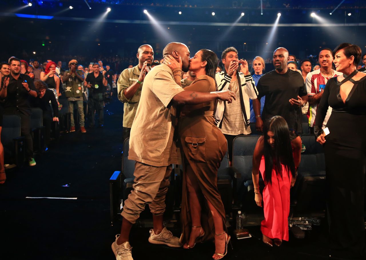 The couple embraces at the MTV Video Music Awards in August 2015.