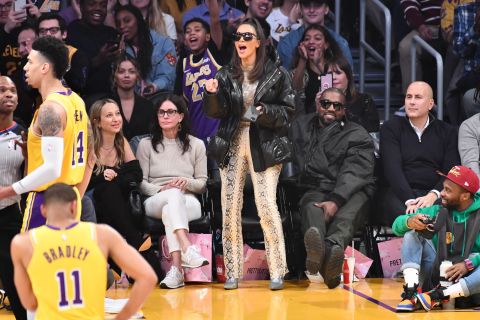 Kim cheers during an NBA game in Los Angeles in January 2020.