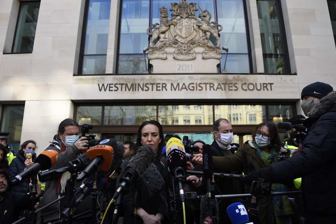 Assange's partner Stella Moris speaks outside Westminster Magistrates Court in London after he was denied bail on Wednesday.