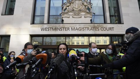 Assange's partner Stella Moris speaks outside Westminster Magistrates Court in London after he was denied bail on Wednesday.