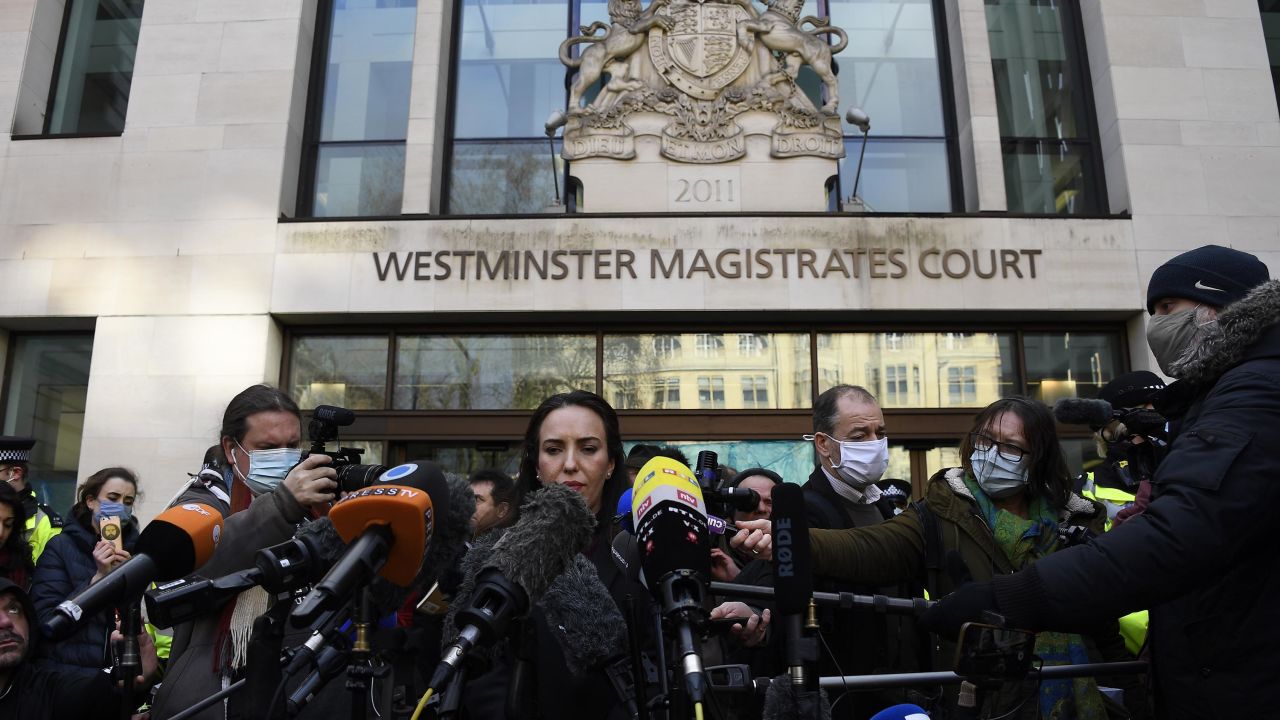Assange's partner Stella Moris speaks outside Westminster Magistrates Court in London after he was denied bail on Wednesday.