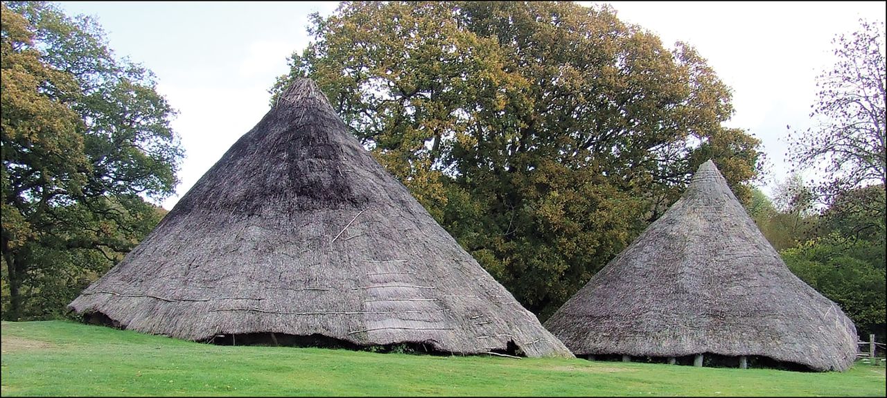 This image shows the Cook House (right) and the Earthwatch roundhouse reconstructions (left) prior to their dismantling and excavation at the Castell Henllys Iron Age site in Wales.