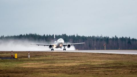 Finnair's first A319, registered OH-LVA, takes off from Helsinki to be recycled in the UK.