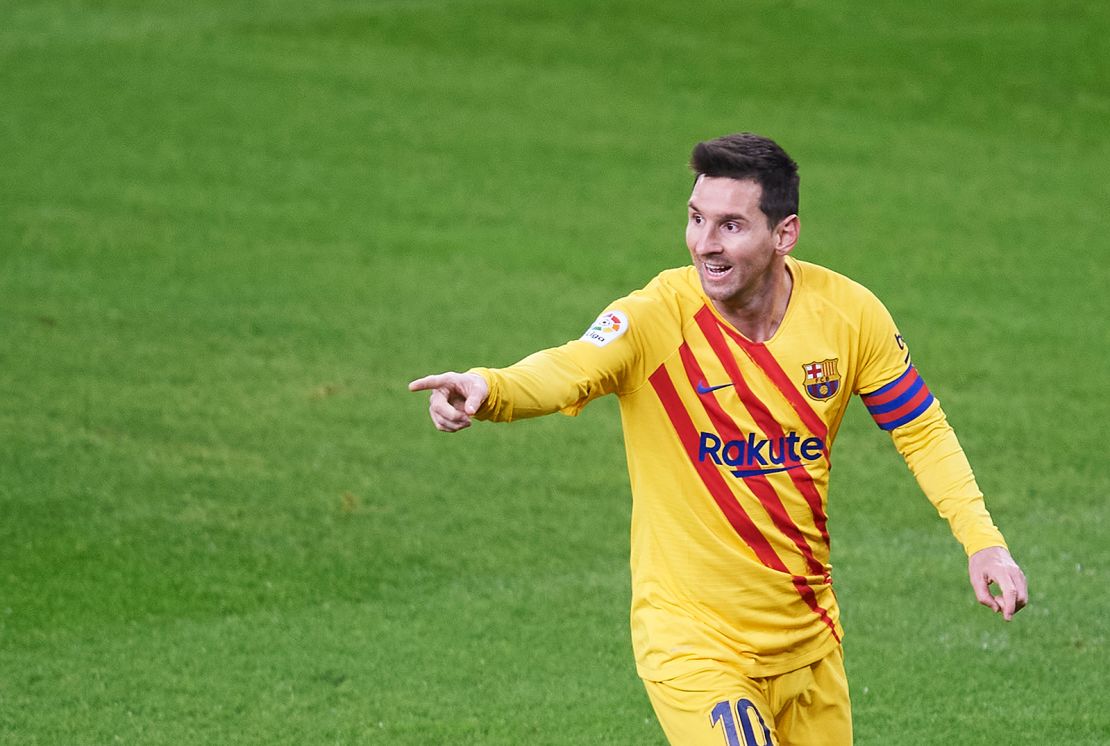 Messi celebrates after he scores his team's second goal.