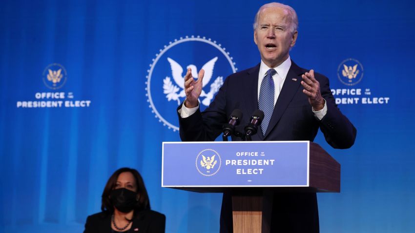 WILMINGTON, DELAWARE - JANUARY 07: U.S. President-elect Joe Biden delivers remarks as vice president-elect Kamala Harris (R) looks on before announcing his choices for attorney general and other leaders of the Justice Department at The Queen theater January 07, 2021 in Wilmington, Delaware. Biden nominated Judge Merrick Garland to be attorney general, Lisa Monaco to be deputy attorney general, Vanita Gupta to be associate attorney general, and Kristen Clarke to be assistant attorney general for the Civil Rights Division. (Photo by Chip Somodevilla/Getty Images)