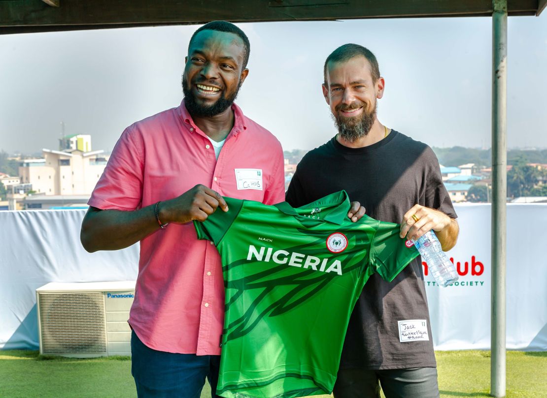 Co-Creation Hub founder Bosun Tijani with Twitter CEO Jack Dorsey, during Dorsey's visit to Lagos, Nigeria in 2019.