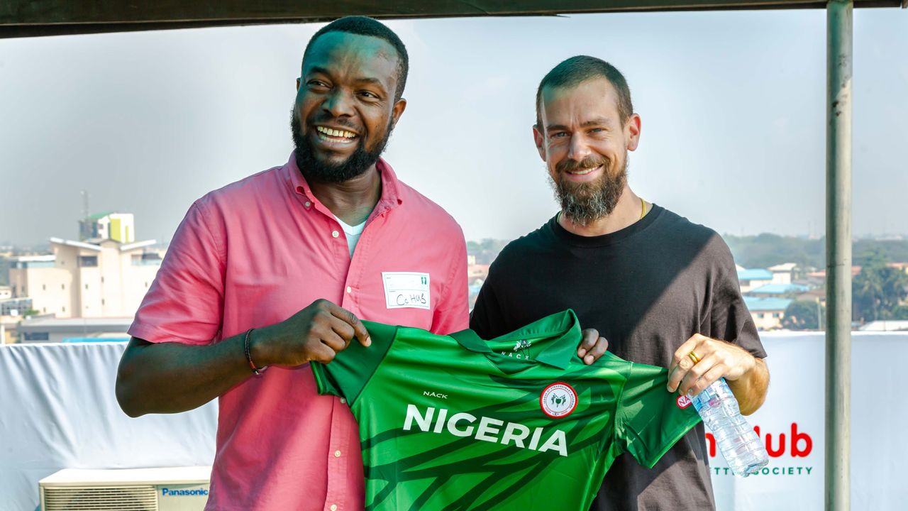 Co-Creation Hub founder Bosun Tijani with Twitter CEO Jack Dorsey, during Dorsey's visit to Lagos, Nigeria in 2019.