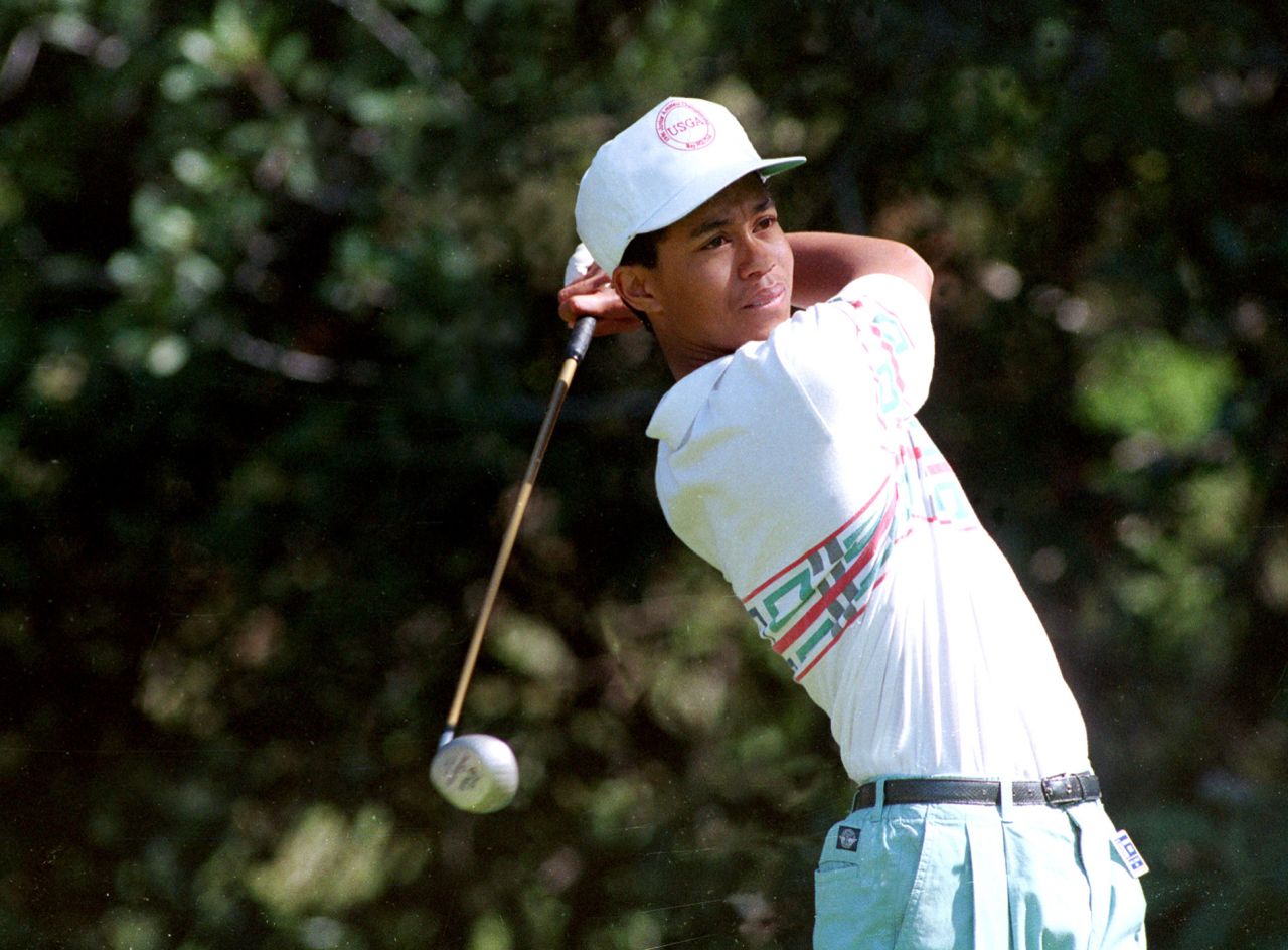 In 1992, amateur Woods tees off at the 12th hole during the Pro-Am for the Los Angeles Open. Woods made his PGA Tour debut at Riviera when he was a 16-year-old junior in high school.