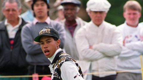 High school student  Woods, 17, reacts after dropping a birdie putt on the 15th hole of the Los Angeles Open at the Riviera Country Club in Los Angeles, Calif., on Thursday, Feb. 25, 1993.