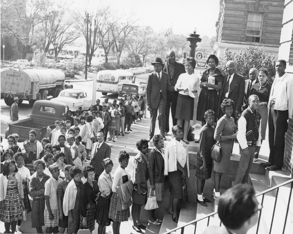 People wait to register to vote in Macon, Georgia, in 1962. Voting rights were denied many African Americans until 1965.