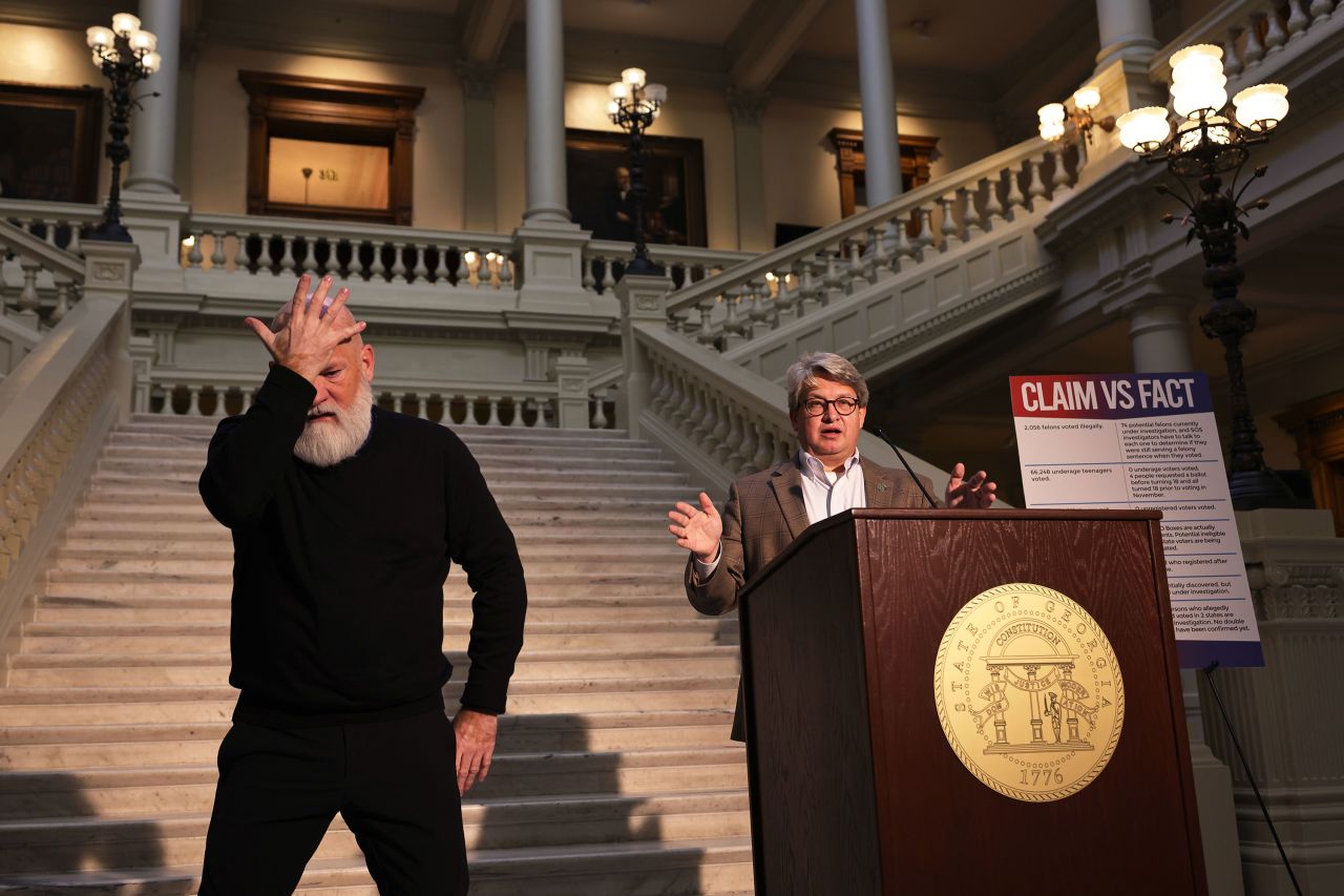 Gabriel Sterling, the voting systems implementation manager for the Georgia Secretary of State's office, speaks at a news conference in Atlanta while David Cowan uses sign language to translate his remarks on Monday, January 4. Gabriel used his news conference <a href="https://www.cnn.com/2021/01/04/politics/sterling-trump-georgia-election-official-conspiracy-theories/index.html" target="_blank">to shoot down a list of voter fraud conspiracy theories</a> that President Donald Trump aired in a call with Georgia Secretary of State Brad Raffensperger.