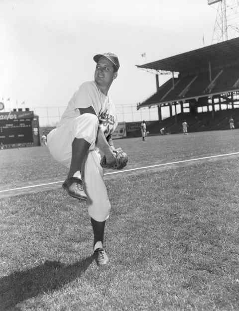 Lasorda poses for the camera at Ebbets Field in Brooklyn, New York. He pitched in the Brooklyn Dodgers system in 1954 and 1955.