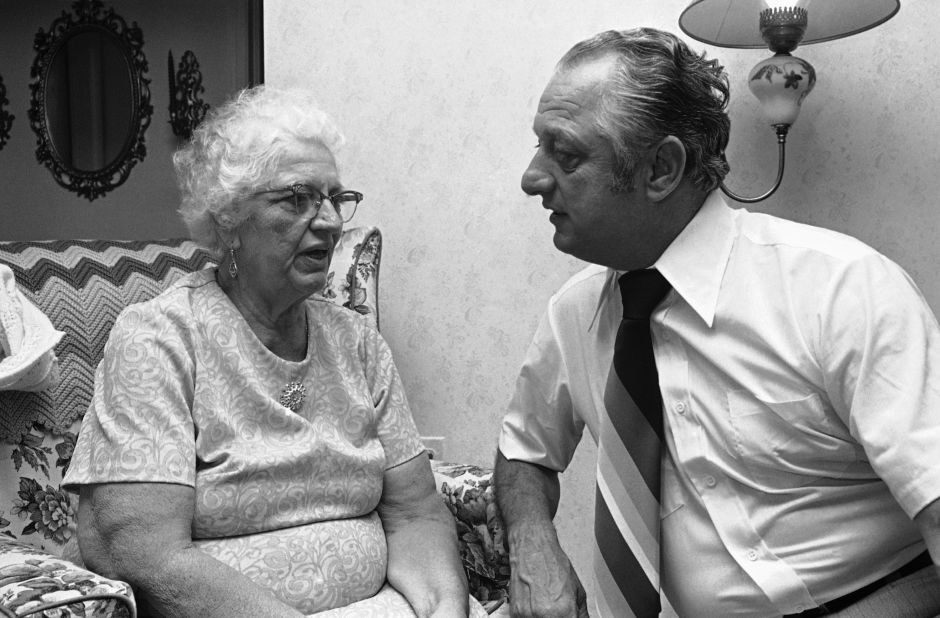 Lasorda speaks with his mother at her home in Norristown, Pennsylvania, in October 1977.