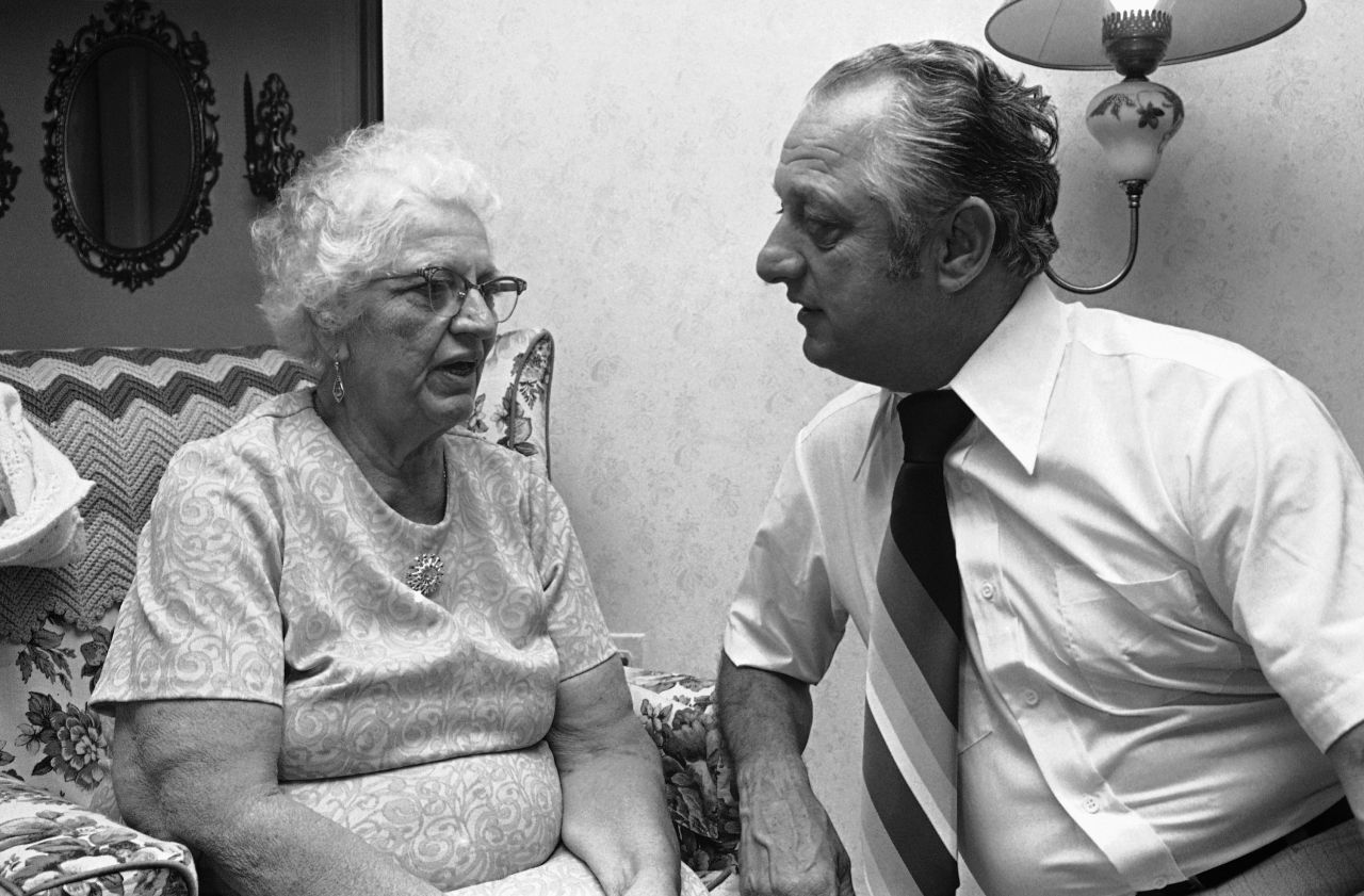 Lasorda speaks with his mother at her home in Norristown, Pennsylvania, in October 1977.