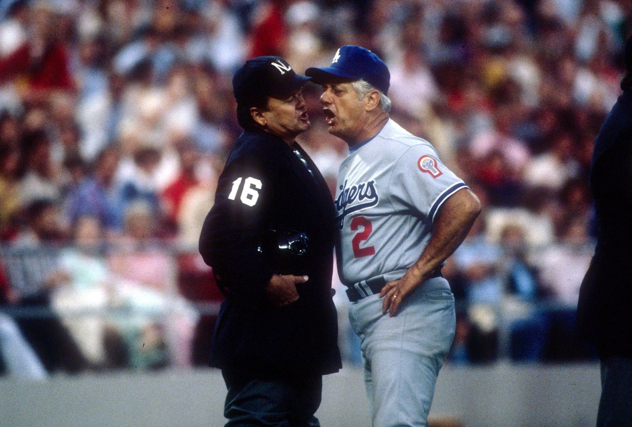 Lasorda argues with an umpire during a game in 1981. He led the Dodgers to 1,599 wins during his time as manager.