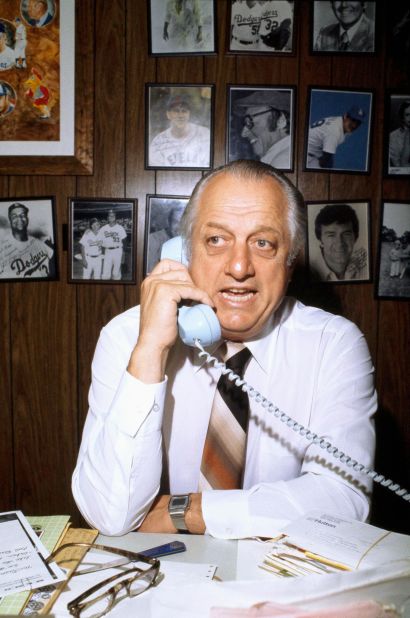 Lasorda talks on the phone in his office after he was named Manager of the Year by the Associated Press in November 1981.