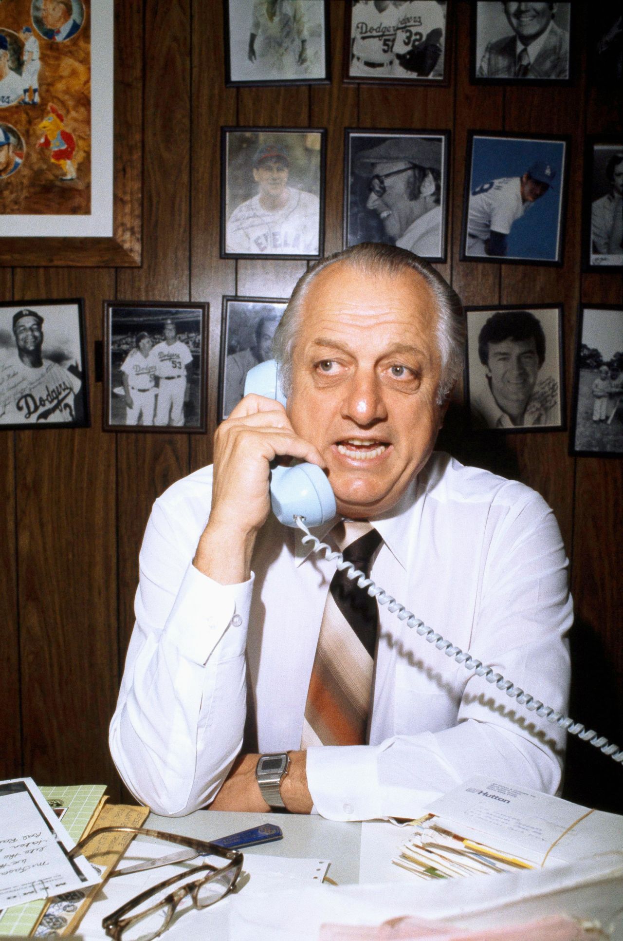Lasorda talks on the phone in his office after he was named Manager of the Year by the Associated Press in November 1981.
