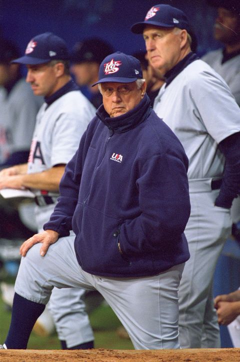 Lasorda, coach of team USA, stands during the September 2000 baseball preliminaries against Australia in Sydney.