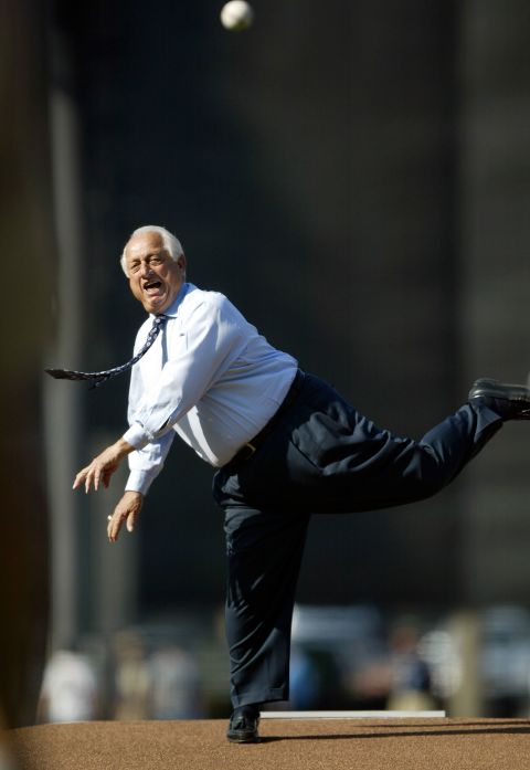 Lasorda throws the first pitch before a Dodgers game against the New York Yankees in Los Angeles in June 2004.