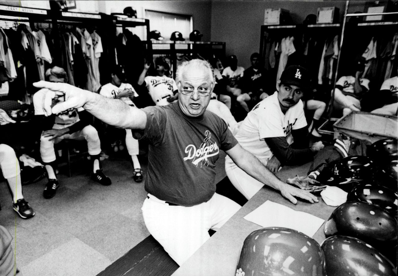 Lasorda addresses his players during a spring training meeting in Vero Beach, Florida, in 1985.