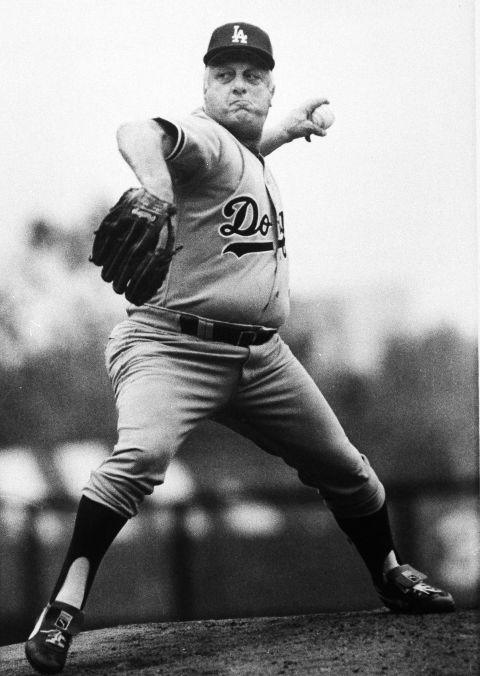 Lasorda throws the ball during an Old-Timers' Day game in May 1987 between the Brooklyn Dodgers and the New York Mets at Shea Stadium in New York. The Brooklyn Dodgers moved to Los Angeles in 1958.
