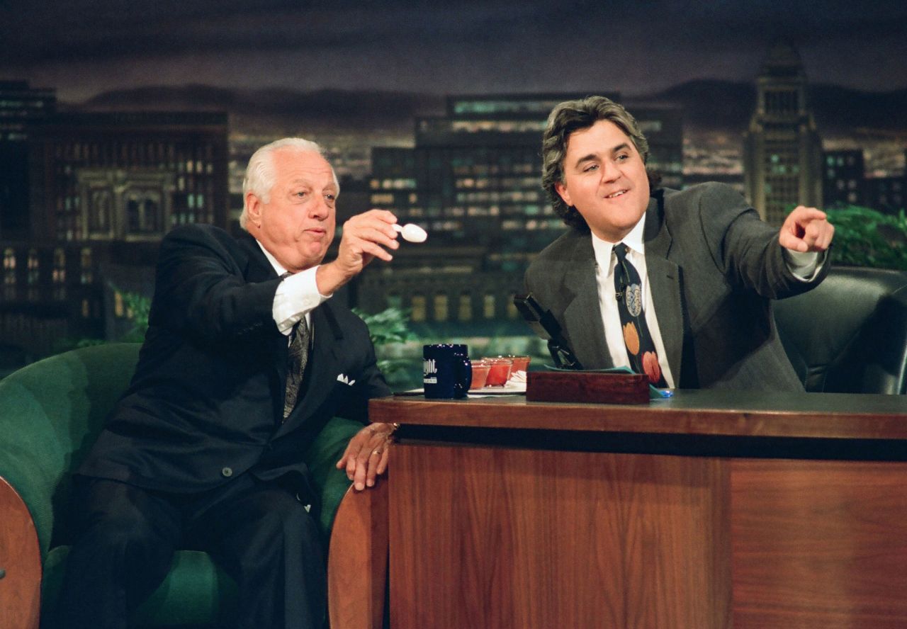 Lasorda joins Jay Leno for an interview on "The Tonight Show" in May 1994.