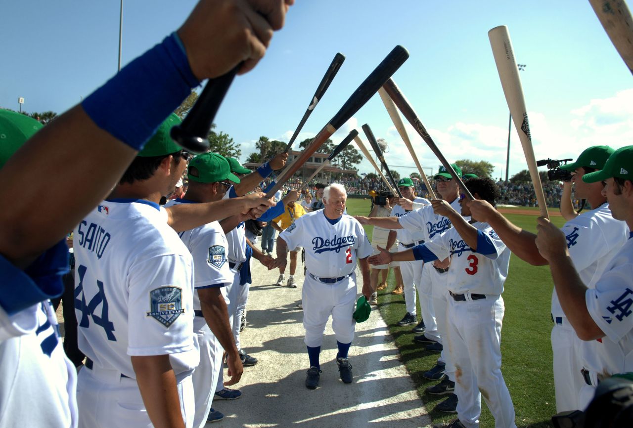 Lasorda walks out of Holman Stadium after the Dodgers lost to the Houston Astros in a spring training game in Vero Beach, Florida, in March 2008.