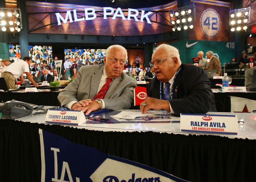 Lasorda and Ralph Avila, a former Dodgers scout, look on during the Major League Baseball First-Year Player draft held in Secaucus, New Jersey, in June 2010.