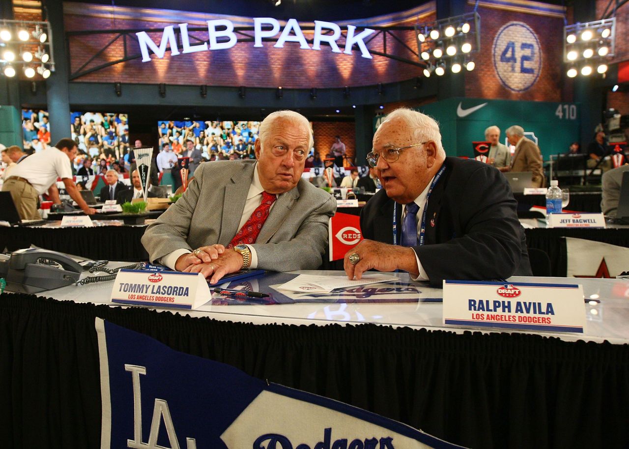 Lasorda and Ralph Avila, a former Dodgers scout, look on during the Major League Baseball First-Year Player draft held in Secaucus, New Jersey, in June 2010.