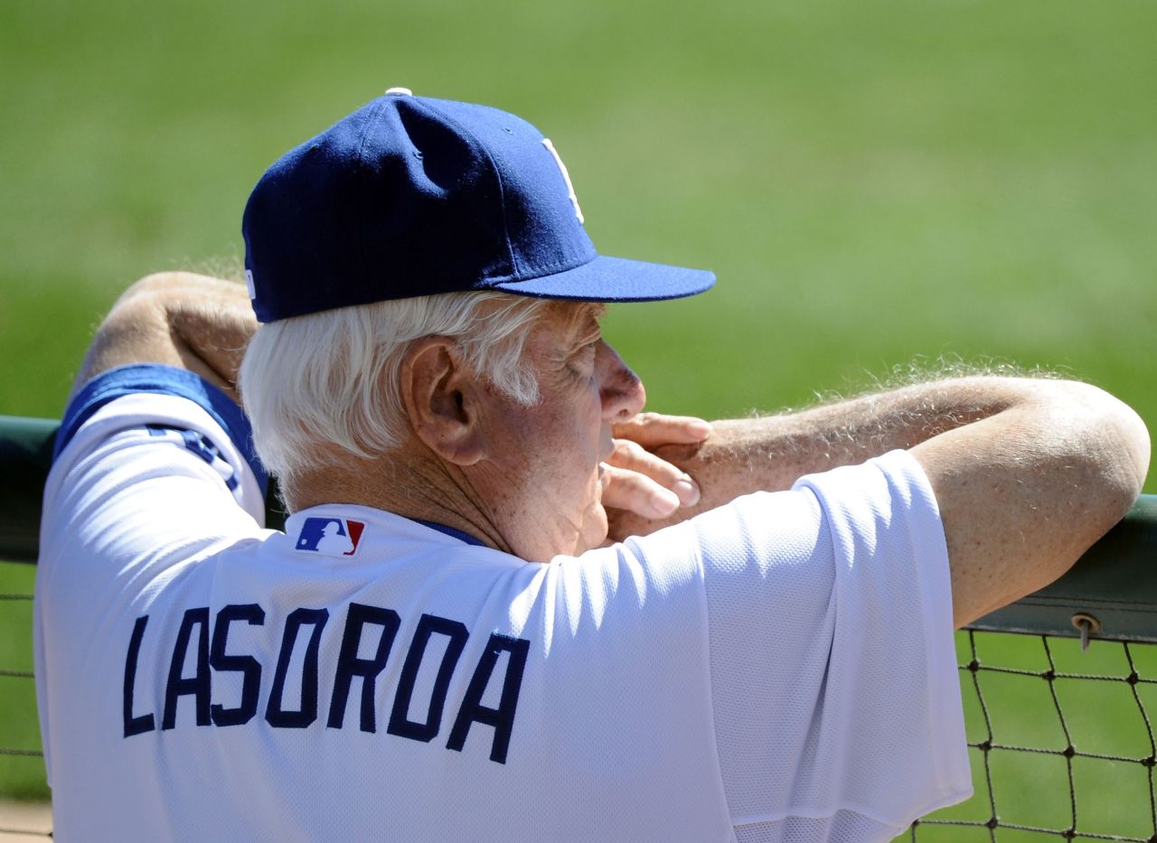Lasorda watches spring training at Camelback Ranch in Phoenix in February 2011.