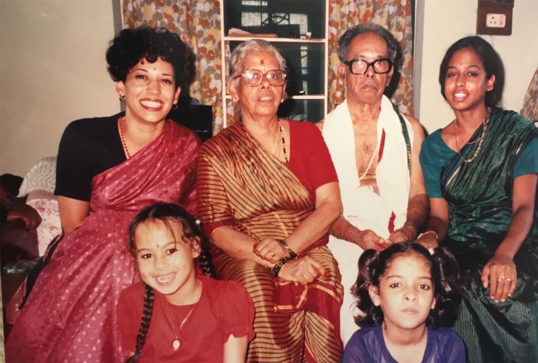 A young Kamala Harris seen here (back left) in a family photo wearing a sari.