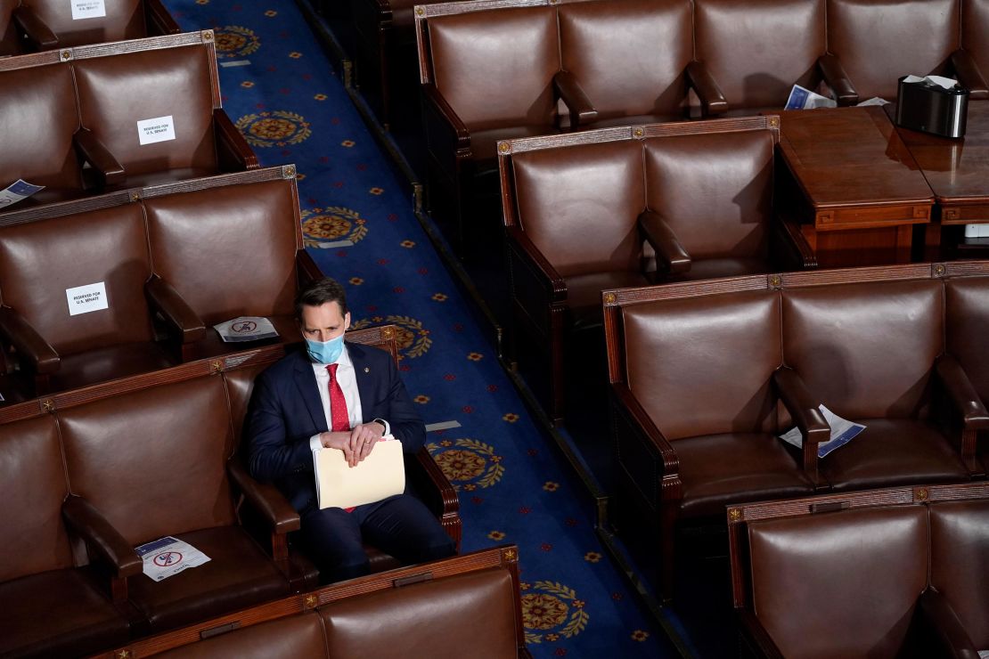 U.S. Sen. Josh Hawley (R-MO) sits in the House Chamber before a joint session of congress on January 06, 2021 in Washington, DC. 