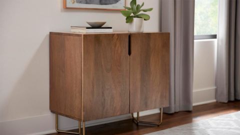Home Decorators Collection Haze Oak Finish Wood Cabinet With Brass Finish Metal Base