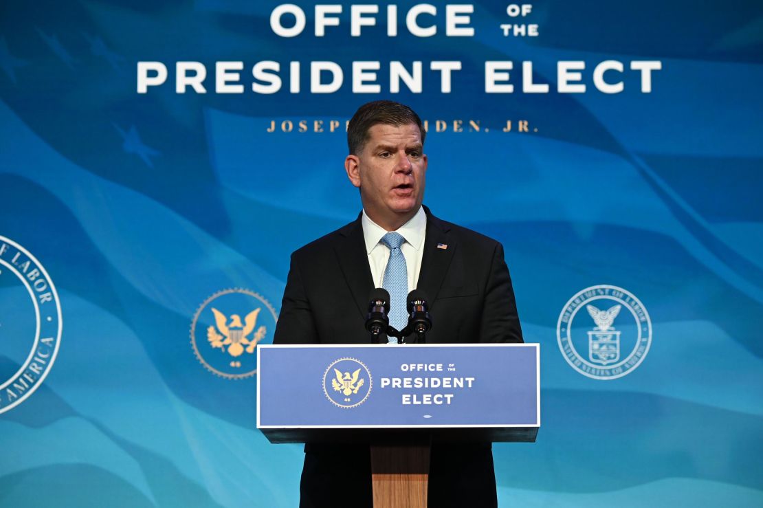 Boston Mayor Marty Walsh, nominee for Secretary of Labor, speaks after being nominated by US President-elect Joe Biden at The Queen theater January 8, 2021 in Wilmington, Delaware. 