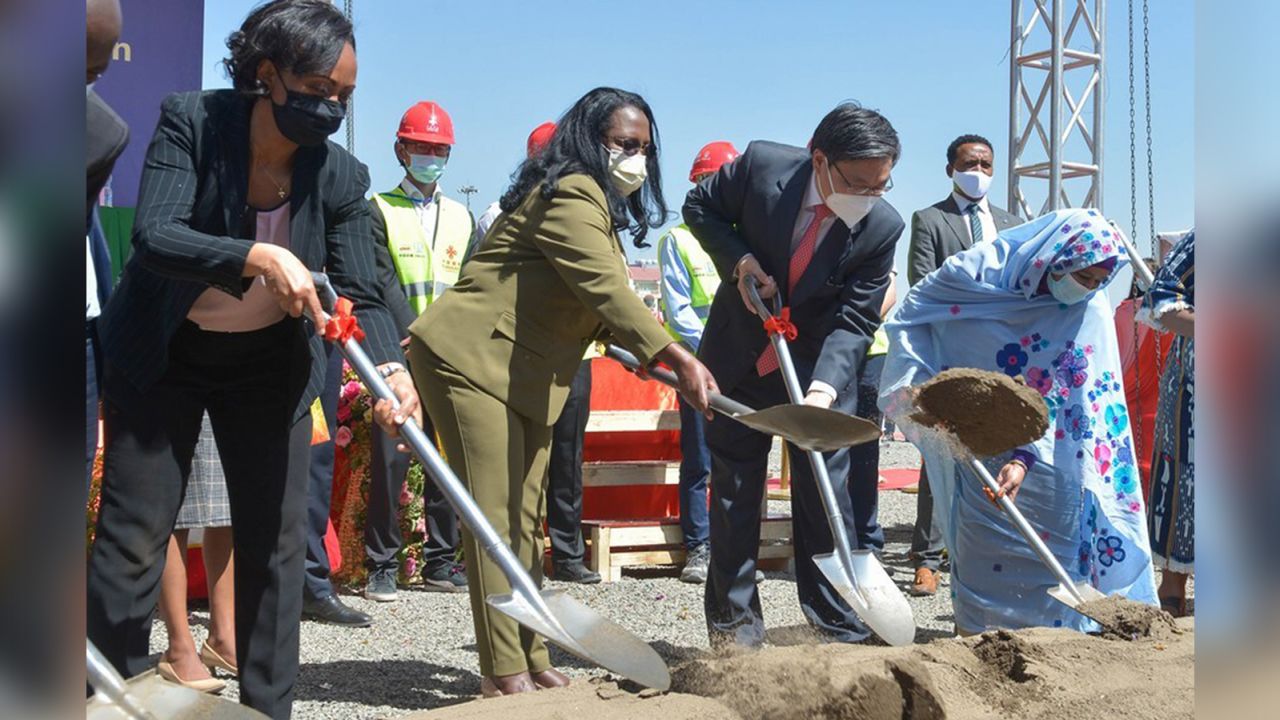 Ethiopian Health Minister Lia Tadesse and Liu Yuxi, head of the Chinese Mission to the African Union, and other guests attend the groundbreaking ceremony for the China-aided Africa Centers for Disease Control and Prevention (Africa CDC) headquarters in Addis Ababa, Ethiopia in December 2020.