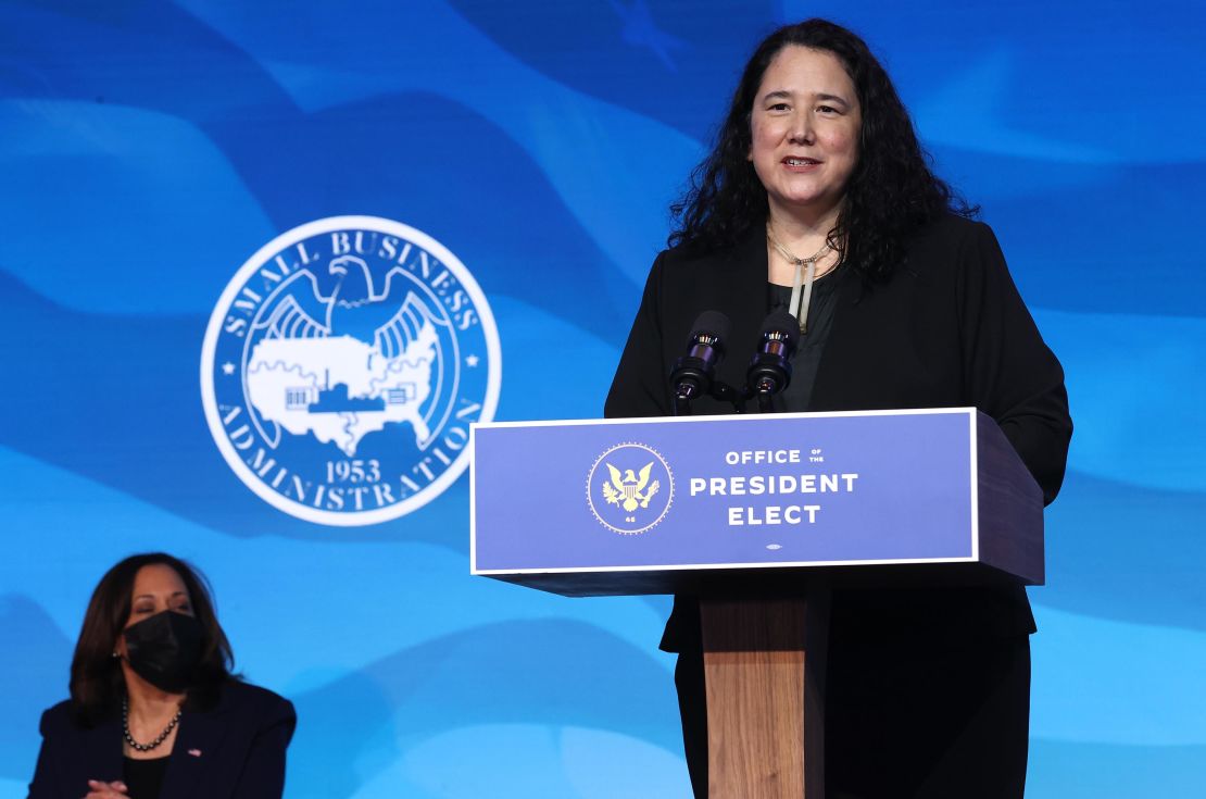 U.S. Vice President-elect Kamala Harris (L) looks on as Isabel Guzman (R) delivers remarks after U.S. President-elect Joe Biden announced her as his nominee for head of the Small Business Administration at The Queen theater on January 08, 2021 in Wilmington, Delaware.
