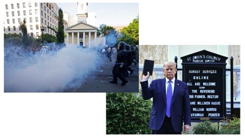 Left: Police officers push back demonstrators and shoot tear gas next to St. John's Episcopal Church outside of the White House on June 1, 2020. (Jose Luis Magana/AFP/Getty Images) Right: President Donald Trump holds up a Bible outside the church, minutes later. (Brendan Smialowski/AFP/Getty Images)
