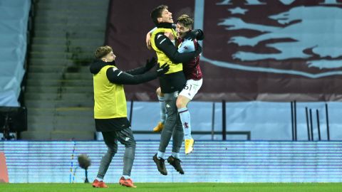 Barry celebrates after scoring in his Villa debut.