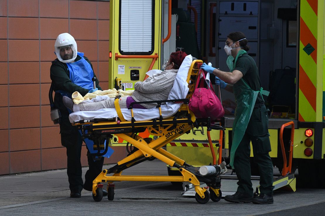 A patient arrives by ambulance at the Royal London hospital on January 8, 2021 in London, England. 