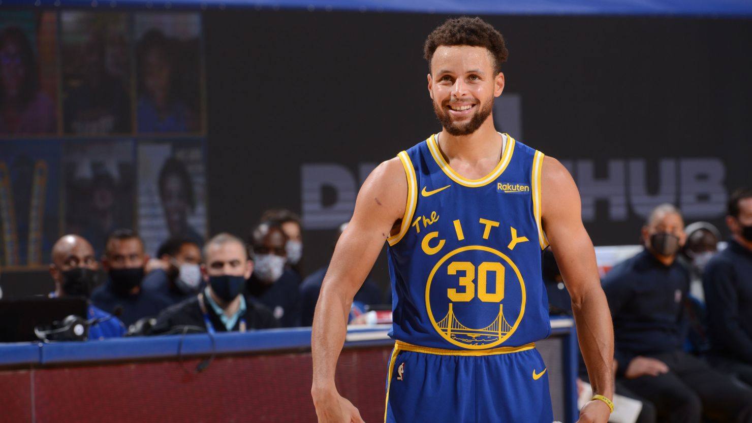 Stephen Curry smiles during the game against the LA Clippers on January 8, 2021, at Chase Center in San Francisco. 