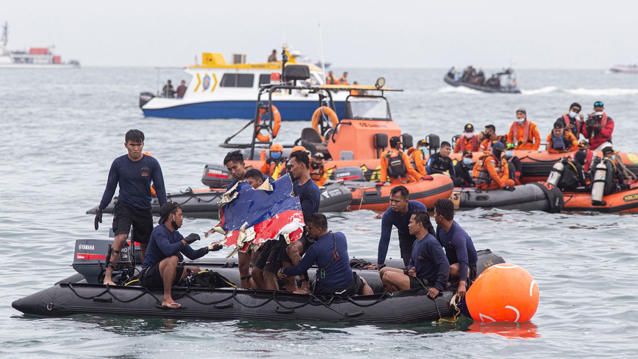 Indonesian rescue teams find part of a Sriwijaya airplane on January 10, 2021 near Jakarta, Indonesia.