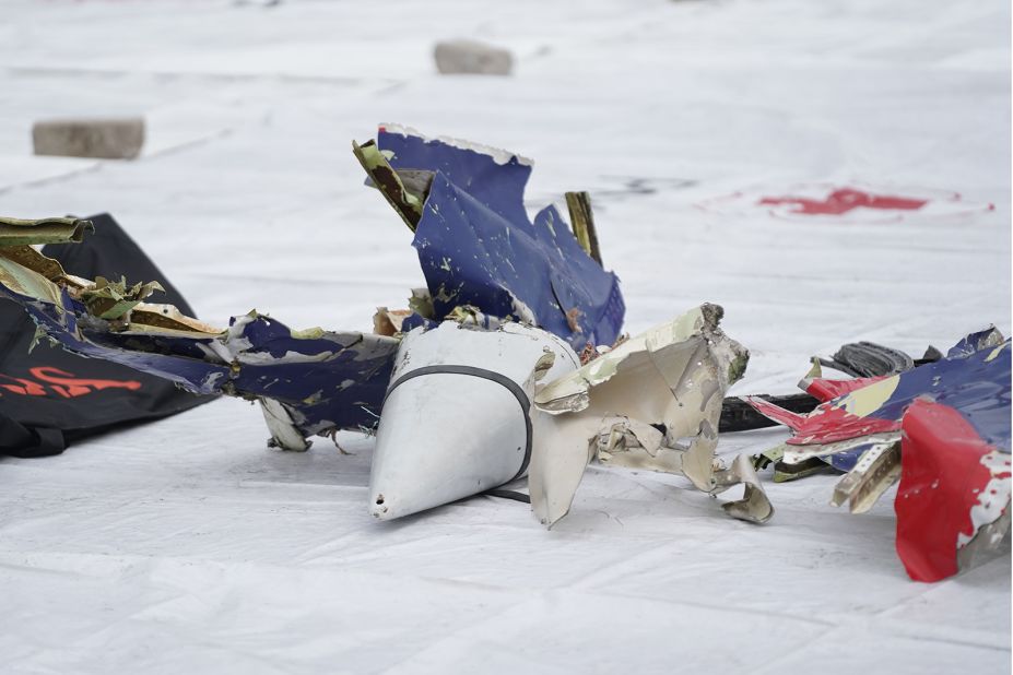 Debris recovered from the crash site is seen at the Tanjung Priok port.