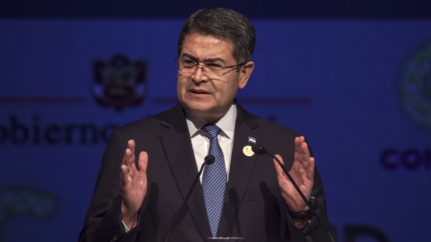 Juan Orlando Hernandez, Honduras's president, speaks during the CEO Summit of the Americas in Lima, Peru, in April 2018. 