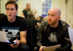 Vanderbilt (left), shown with Adrian Conoboy (right), sings at a New York Choir Project gathering before sessions were put on hold due to Covid-19 social distancing measures.