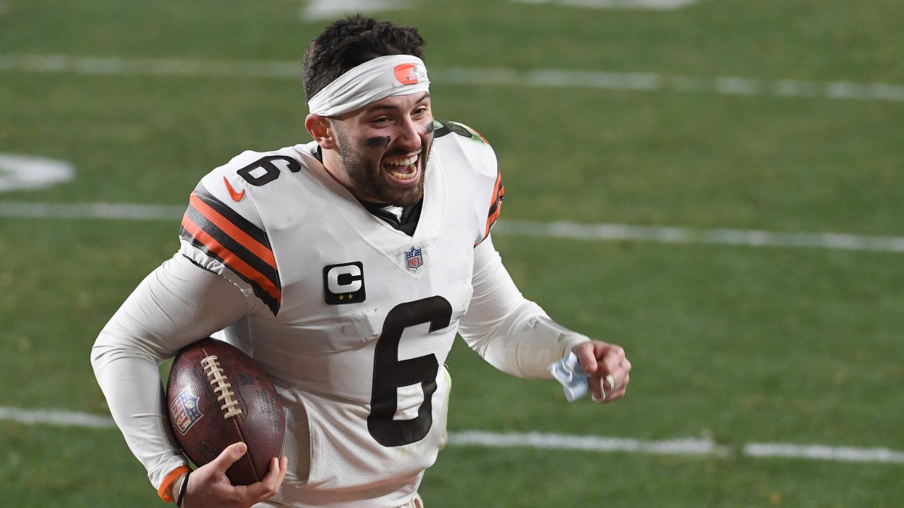 Mayfield celebrates as he runs off the field after defeating the Pittsburgh Steelers.