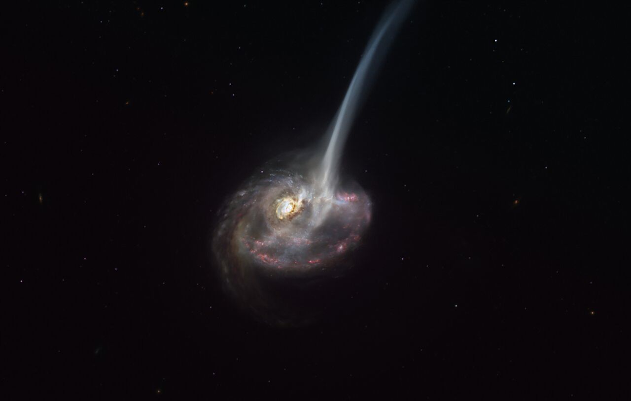 This artist's impression of the distant galaxy ID2299 shows some of its gas being ejected by a "tidal tail" as a result of a merger between two galaxies. 