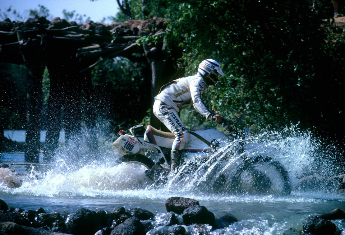 Auriol on his motorbike during the Dakar Rally in 1981. 