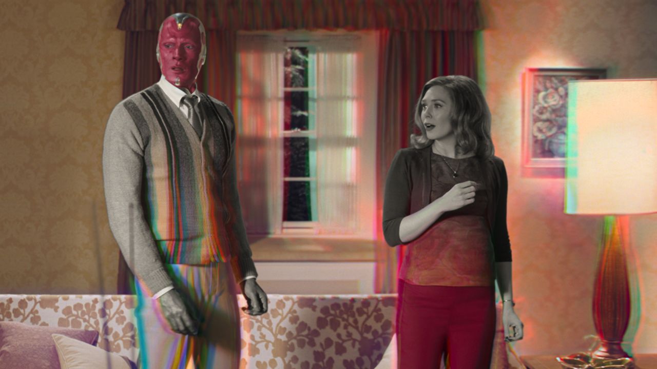 (From left) Paul Bettany and Elizabeth Olsen are shown in a scene from "WandaVision."