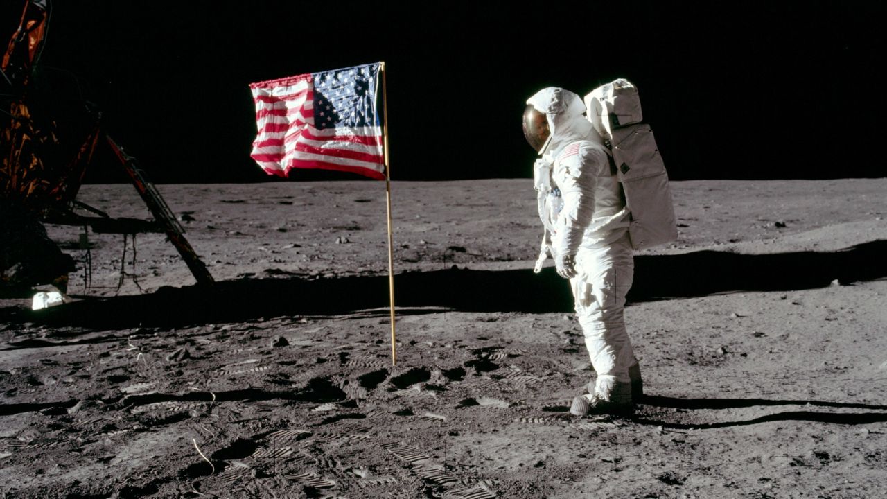 NASA astronaut Buzz Aldrin is shown with the US flag on the lunar surface during the Apollo 11 mission July 20, 1969. The US One Small Step to Protect Human Heritage in Space Act became law December 31, 2020. 