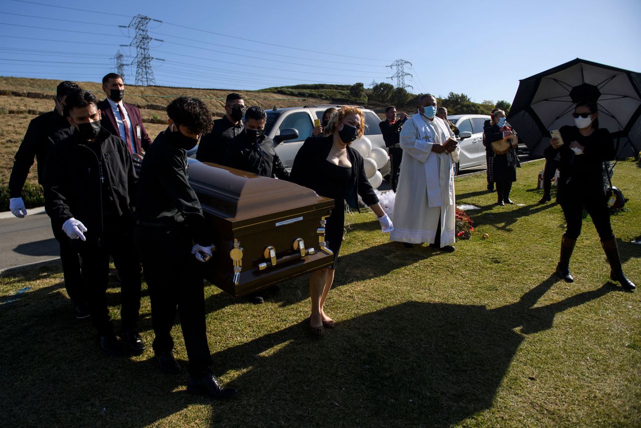 Pallbearers carry the casket of Gilberto Arreguin Camacho during his burial service in Whittier, California, on December 31. Camacho, 58, died because of Covid-19.